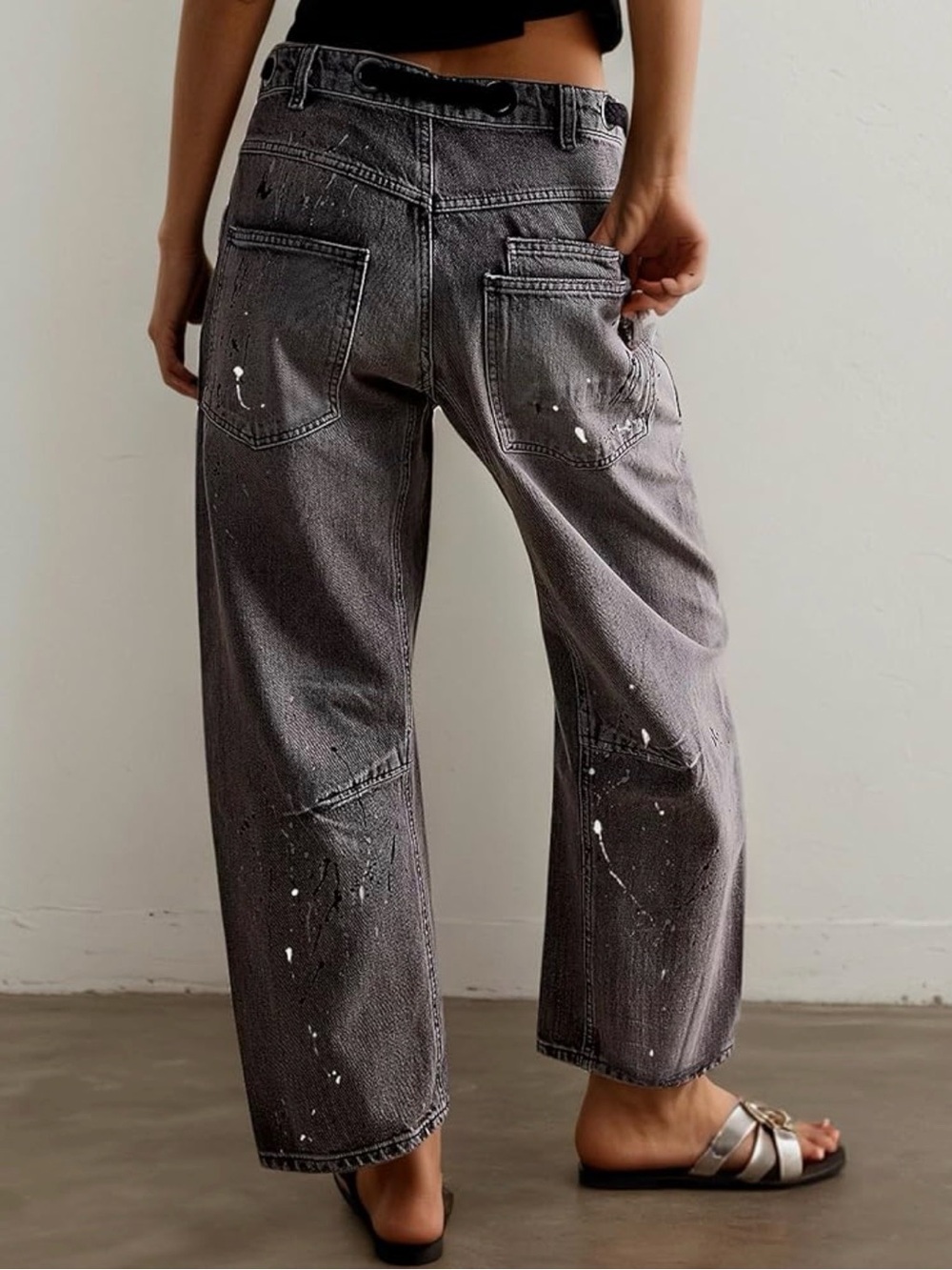 Distressed Wide-Leg Paint-Splatter Barrel Jeans in Washed Black. Like New. L - Picture 2 of 8
